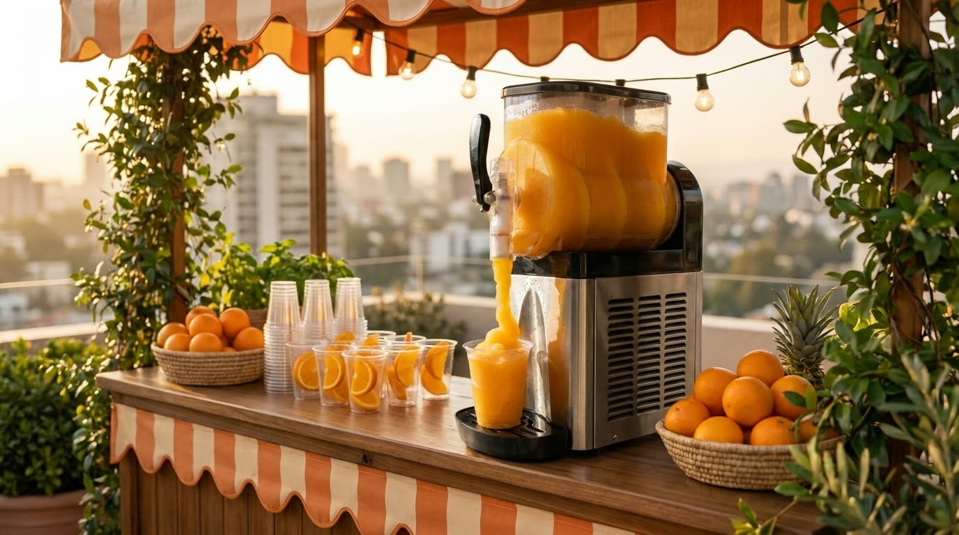 Barra Spritz Club montada en un rooftop de CDMX al atardecer, con sombrilla de rayas naranja y crema, canastos de naranjas y máquina de spritz frozen