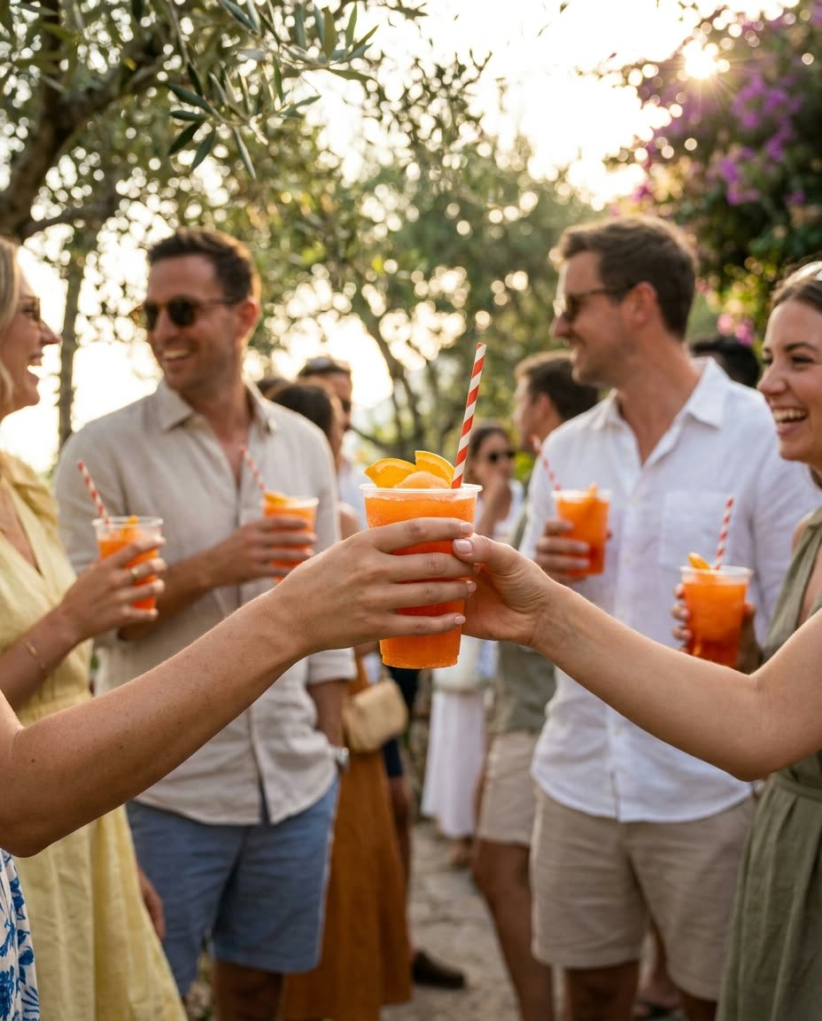 Grupo de amigos riendo con Aperol Spritz frozen en un jardín con olivos a la hora dorada
