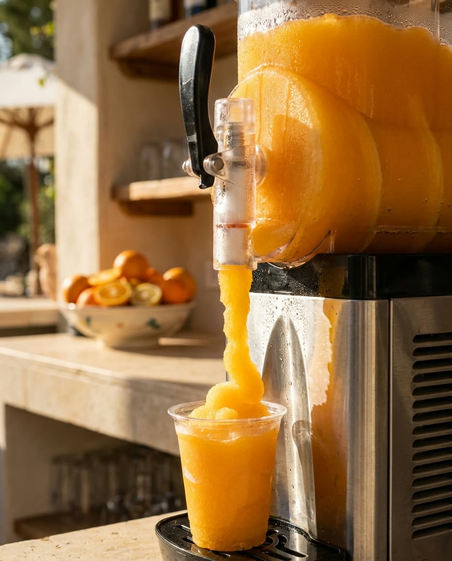 Máquina profesional sirviendo Aperol Spritz frozen naranja vibrante sobre barra de piedra con naranjas frescas