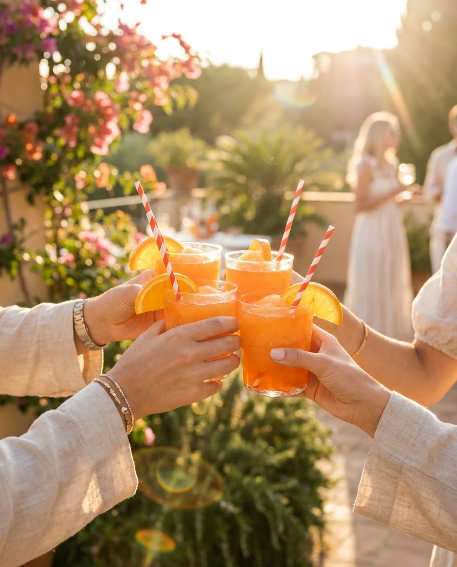 Cuatro amigas brindando con vasos de Aperol Spritz frozen y popotes de rayas en jardín con bougainvillea