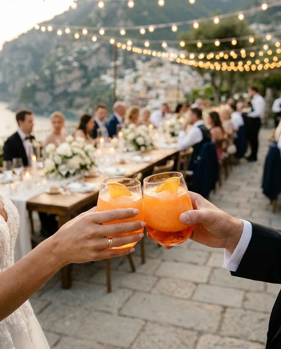 Novios brindando con copas de Aperol Spritz frozen en una mesa larga de boda con velas y luces string